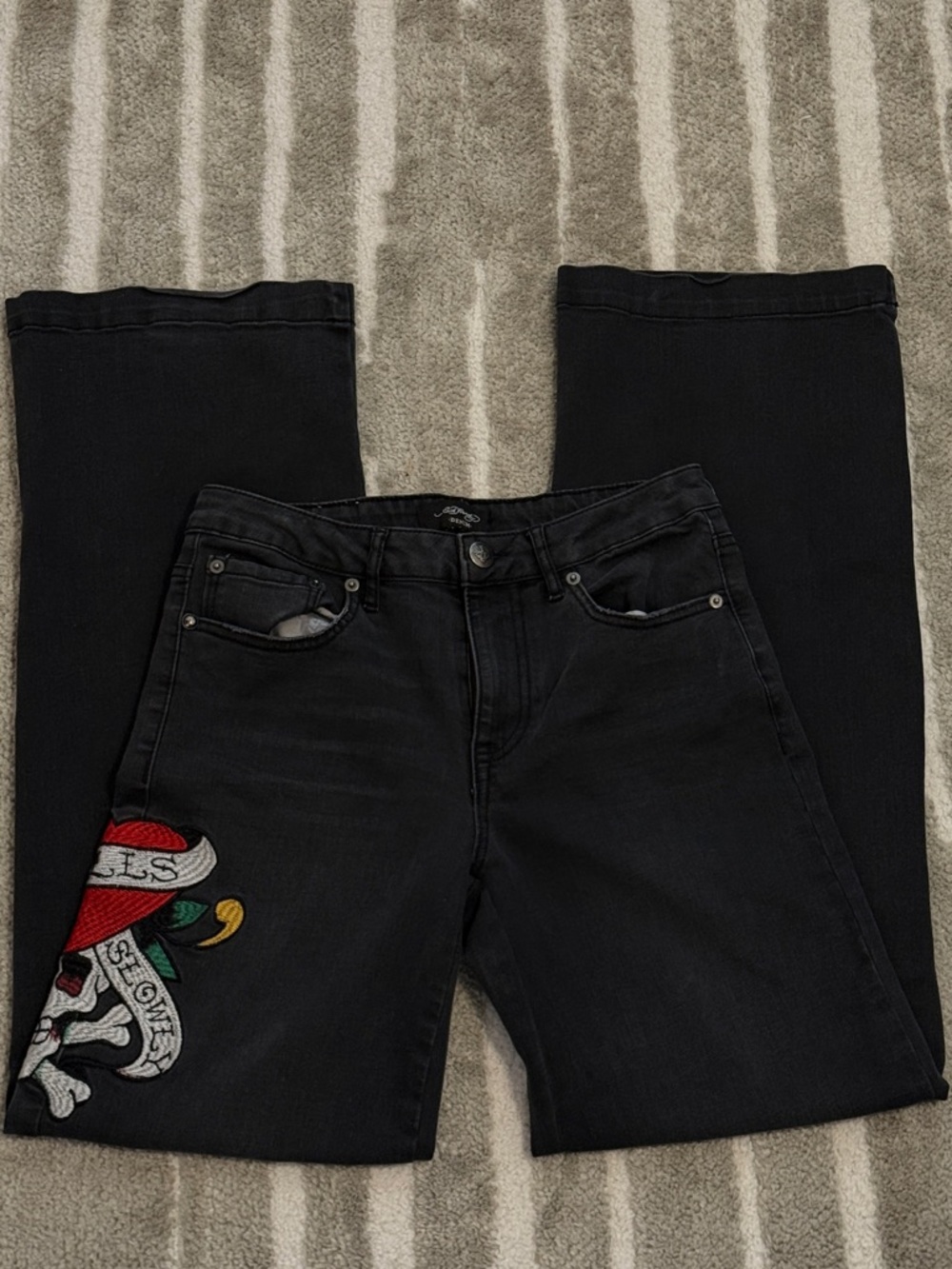 Ed Hardy Love Kills Slowly Black Wide-leg Embroidered Jeans Women's Size 26